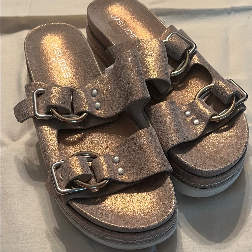 J/SLIDES Metallic Rose Gold Double Buckle Platform Sandals.